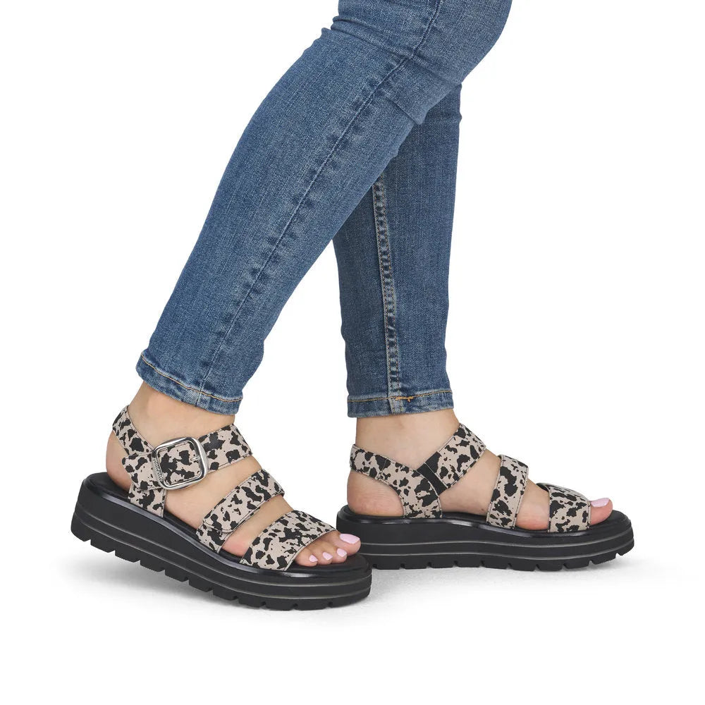 Remonte D3N50-60 women's animal print suede touch fastening sandals with chunky black sole.