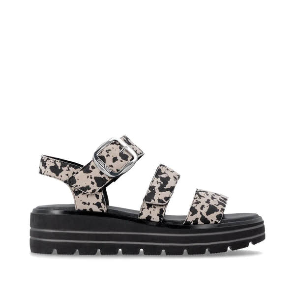 Remonte D3N50-60 women's animal print suede touch fastening sandals with chunky black platform sole.