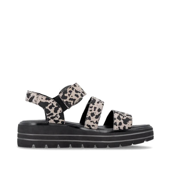 Remonte D3N50-60 women's animal print suede touch fastening sandals, chunky black sole, stylish leopard pattern.
