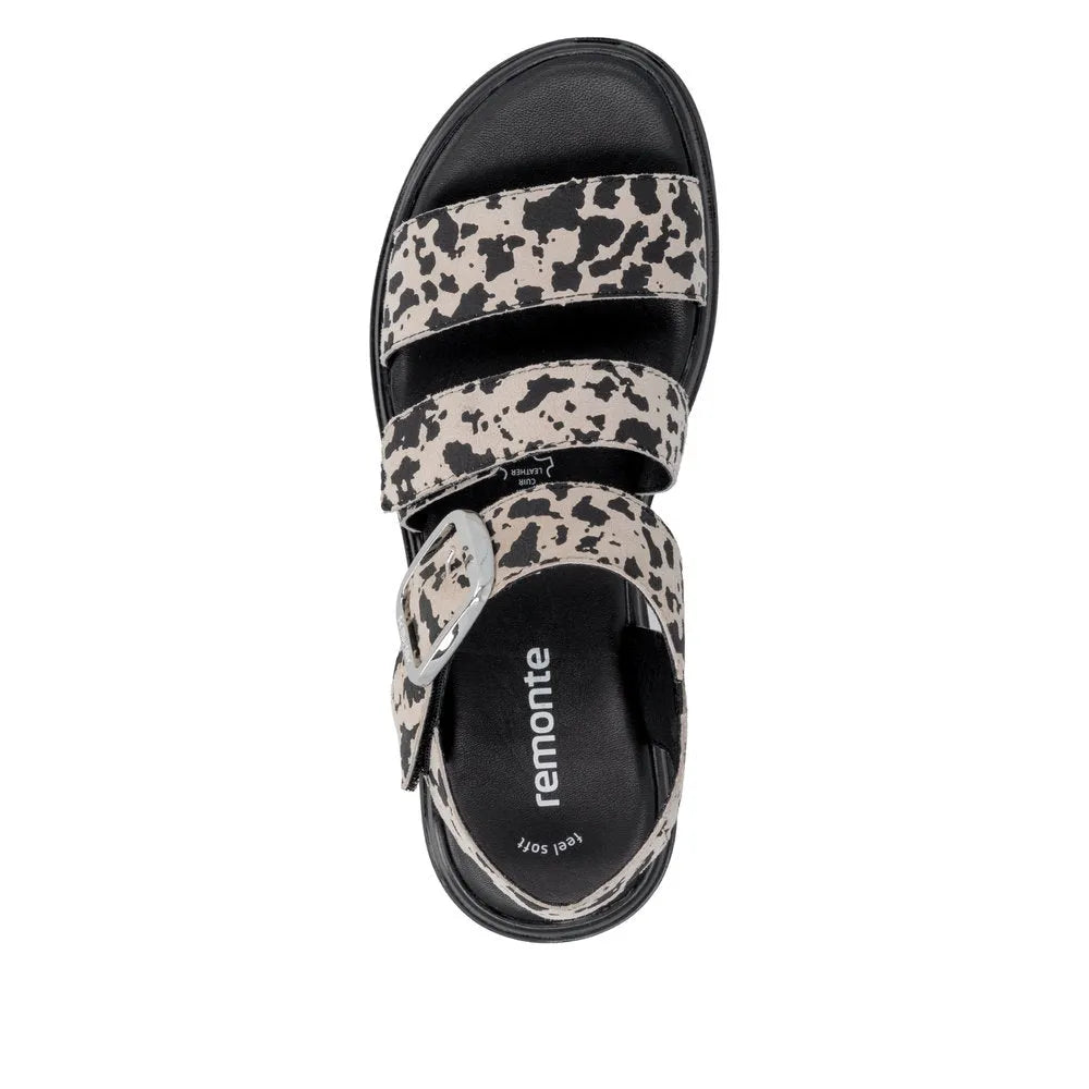 Remonte Ladies Animal Print Suede Touch Fastening Sandals with buckle strap, black sole, and leopard pattern straps.