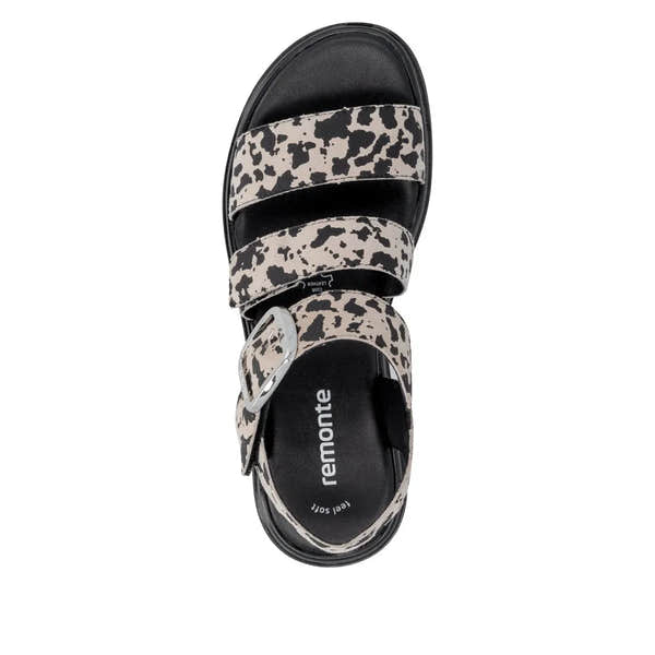 Remonte Ladies Animal Print Suede Touch Fastening Sandals with buckle strap, black sole, and leopard pattern straps.