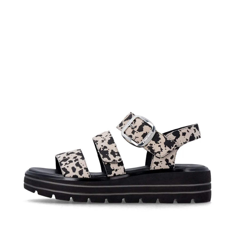 Remonte D3N50-60 women’s animal print suede touch fastening sandals with chunky black platform sole.