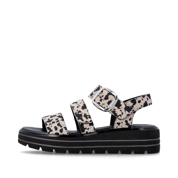 Remonte D3N50-60 women’s animal print suede touch fastening sandals with chunky black platform sole.