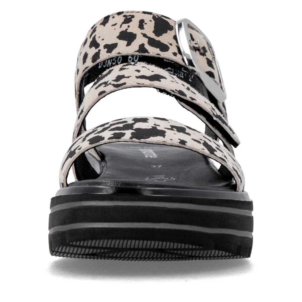 Remonte D3N50-60 women's animal print suede touch fastening sandals with chunky black platform sole.