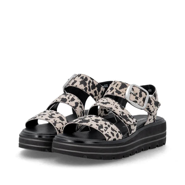 Remonte D3N50-60 women's animal print suede touch fastening sandals with chunky black soles.