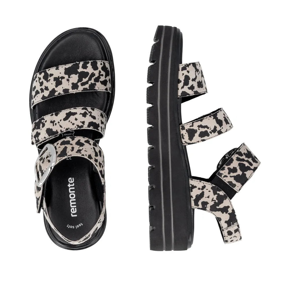 Remonte D3N50-60 women's animal print suede touch fastening sandals with chunky sole and adjustable straps.