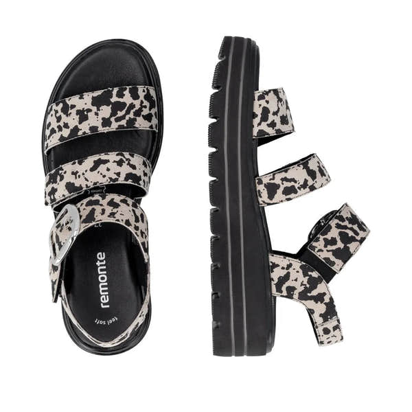 Remonte D3N50-60 women's animal print suede touch fastening sandals with chunky sole and adjustable straps.