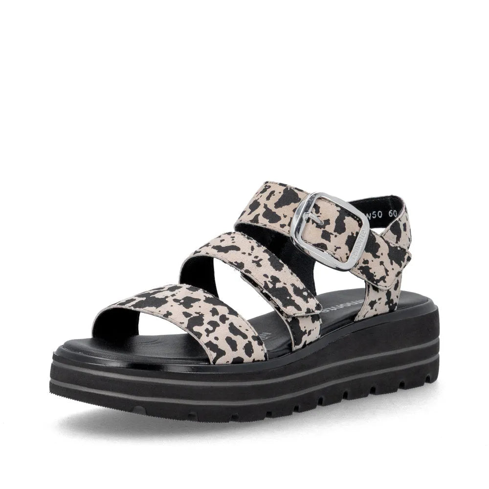 Remonte D3N50-60 women's animal print suede touch fastening sandals with chunky black platform sole.