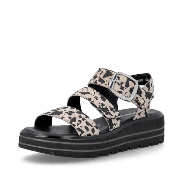 Remonte D3N50-60 women's animal print suede touch fastening sandals with chunky black platform sole.