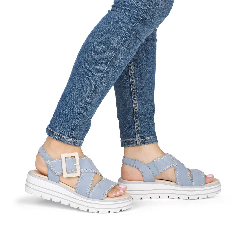 Remonte D3N51-10 Ladies Aqua Suede Touch Fastening Sandals with chunky white sole and adjustable strap.