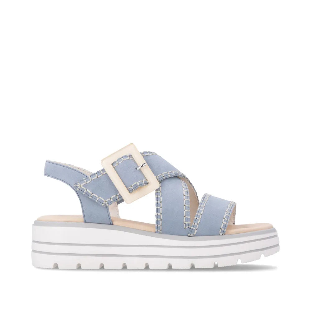 Remonte D3N51-10 women's aqua suede touch fastening sandals with chunky white sole and wide buckle strap.