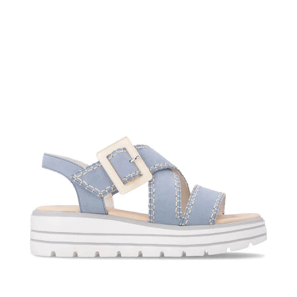 Remonte D3N51-10 women's aqua suede touch fastening sandals with chunky white sole and wide buckle strap.