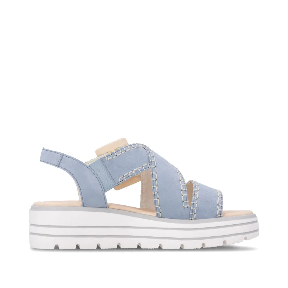 Remonte D3N51-10 women's aqua suede touch fastening sandals with chunky white sole and open toe design.