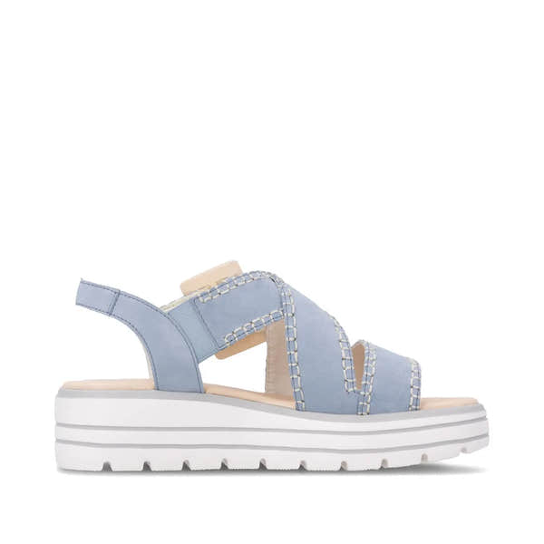 Remonte D3N51-10 women's aqua suede touch fastening sandals with chunky white sole and open toe design.