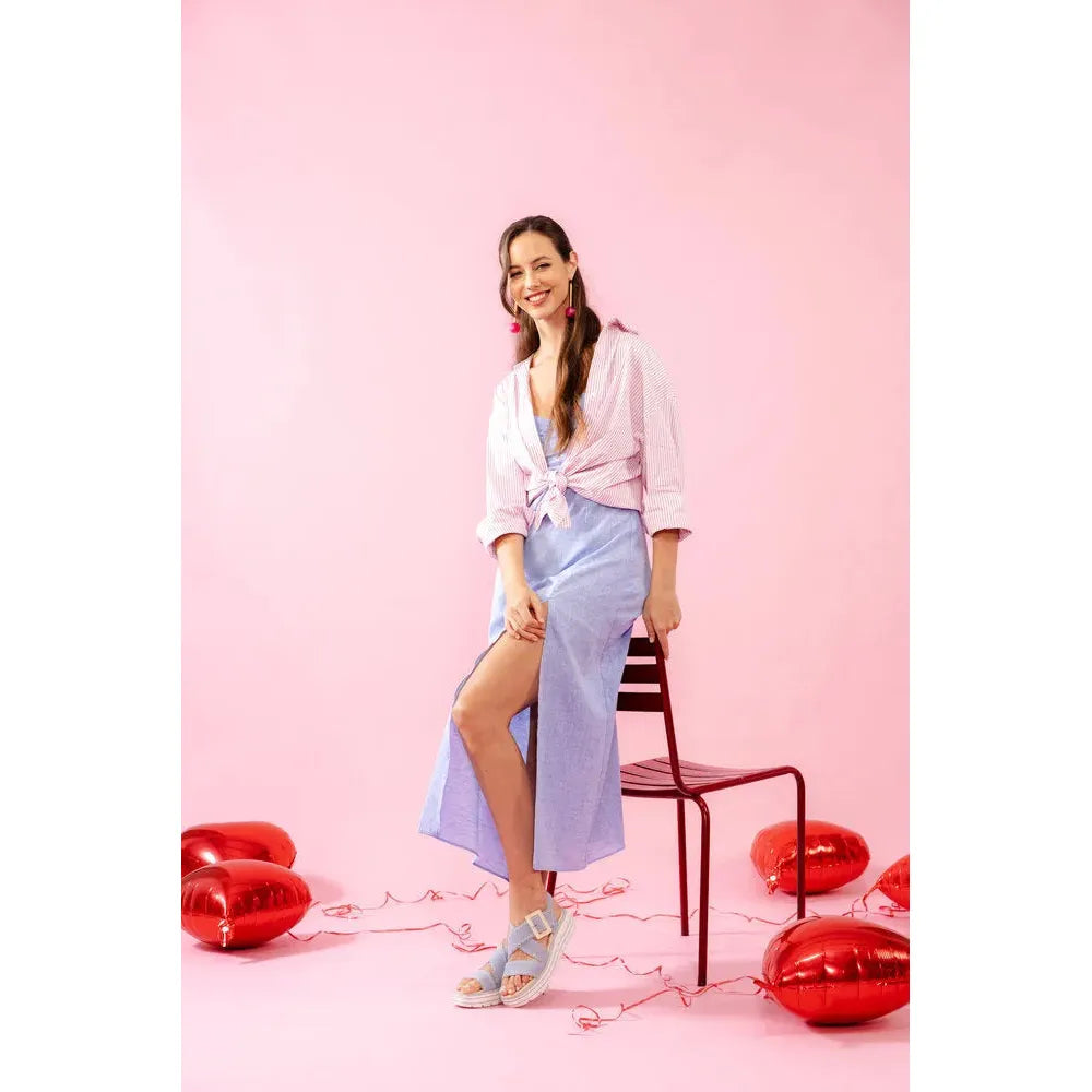 Remonte D3N51-10 women's aqua suede touch fastening sandals with open-toe design, worn by a woman in a pink and blue outfit, Valentine's Day themed scene.
