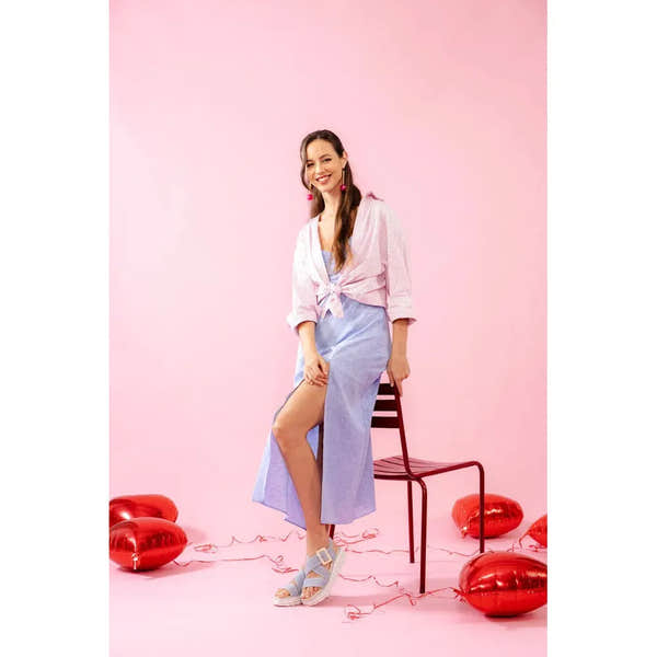 Remonte D3N51-10 women's aqua suede touch fastening sandals with open-toe design, worn by a woman in a pink and blue outfit, Valentine's Day themed scene.