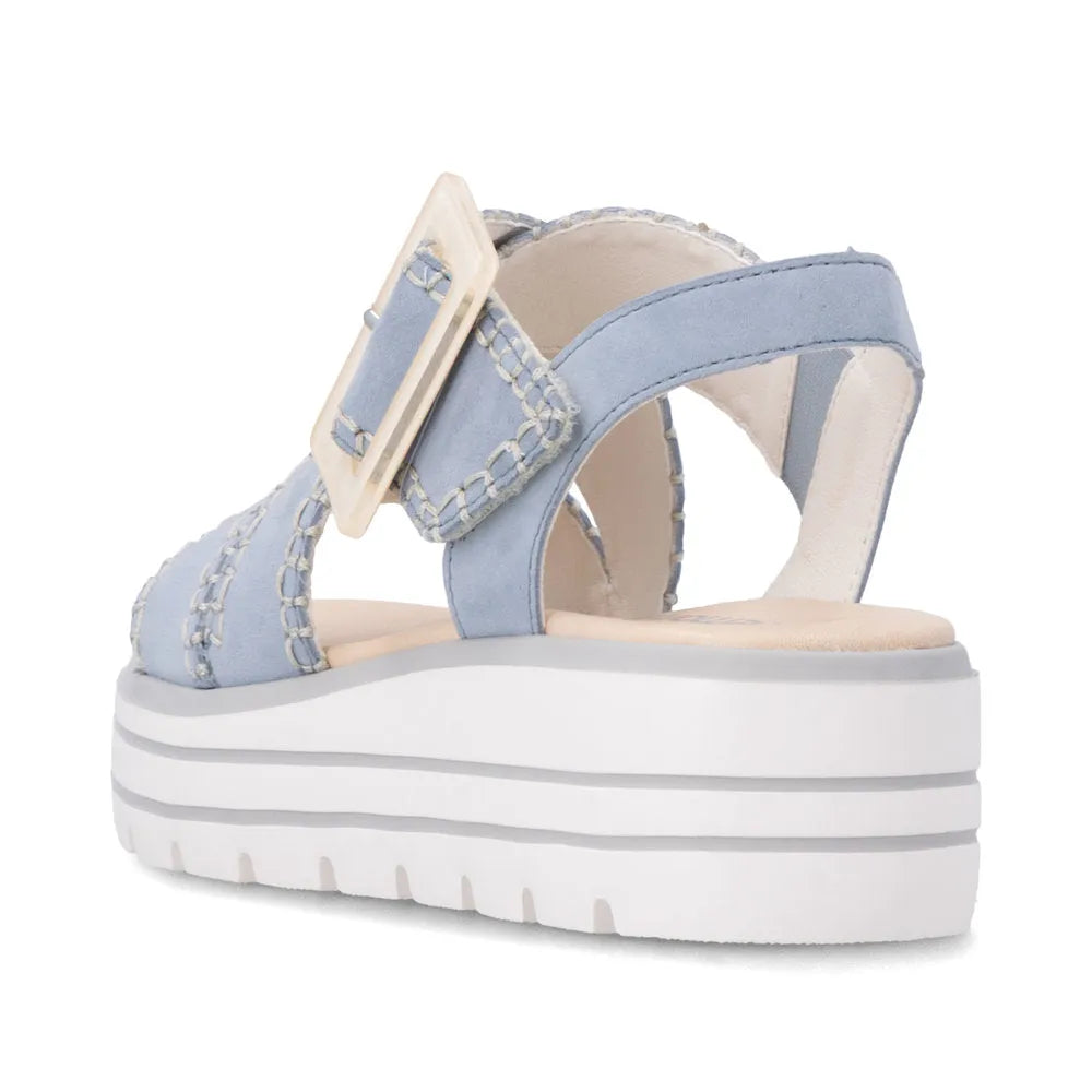 Remonte D3N51-10 women's aqua suede touch fastening sandals with chunky white platform sole and adjustable strap.