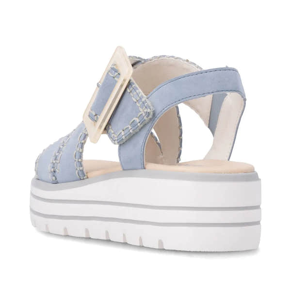 Remonte D3N51-10 women's aqua suede touch fastening sandals with chunky white platform sole and adjustable strap.