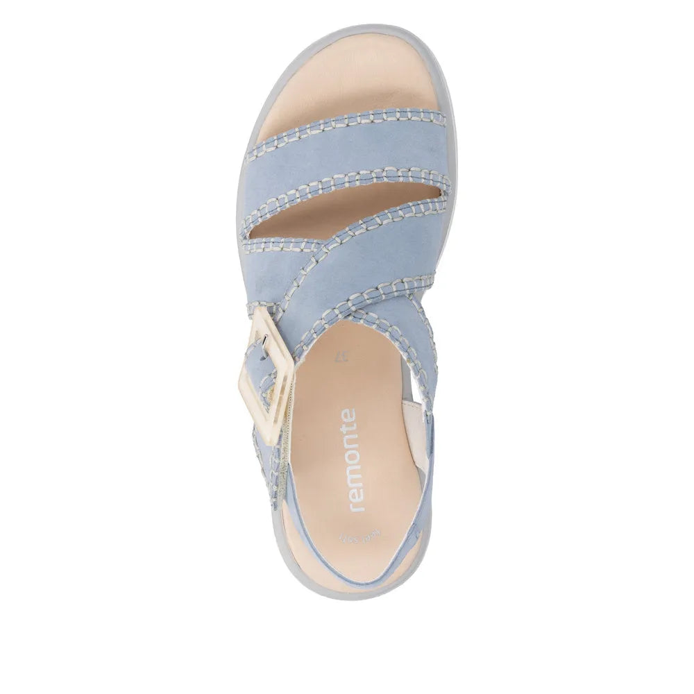 Remonte D3N51-10 ladies aqua suede touch fastening sandals with adjustable buckle and open toe design.