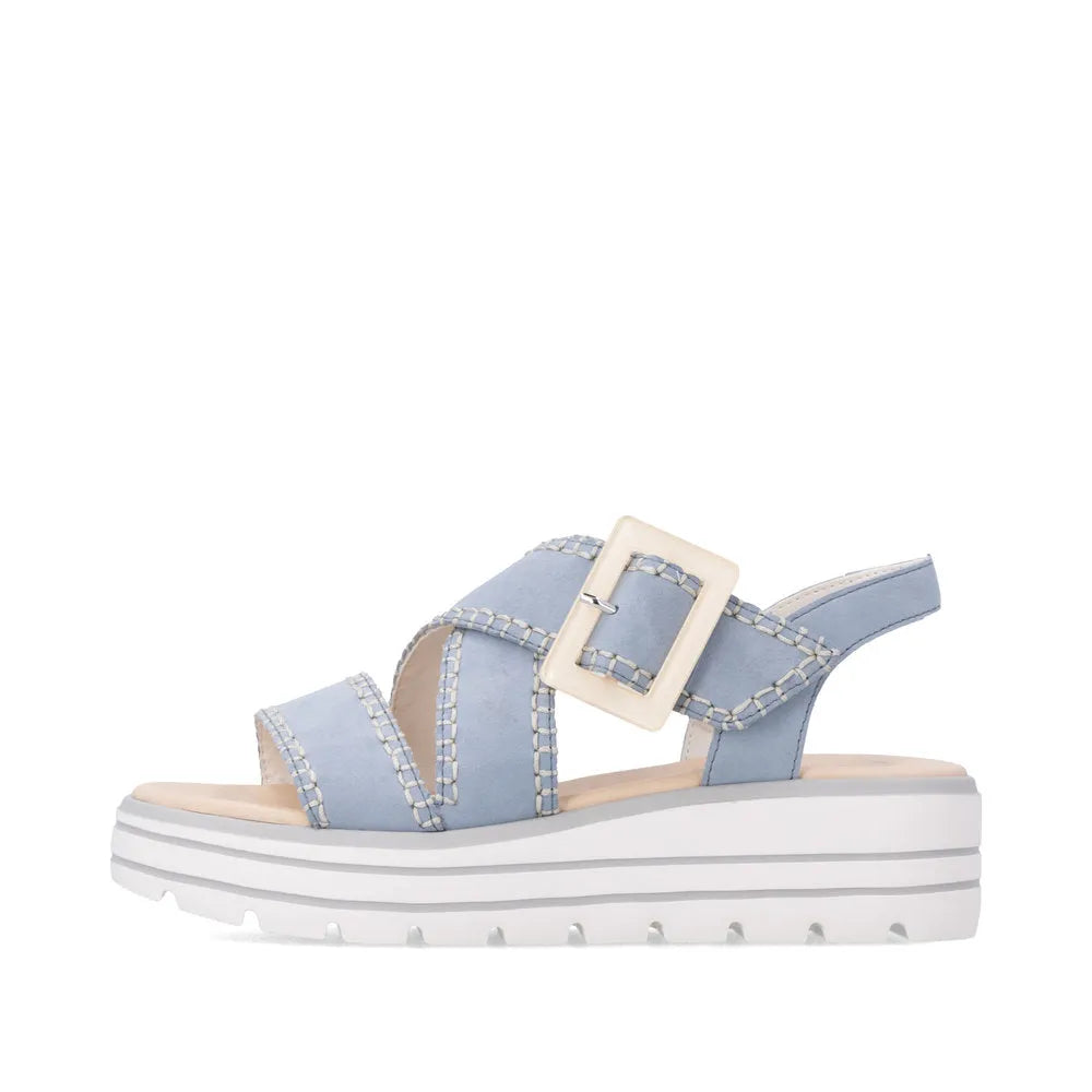 Remonte D3N51-10 women's aqua suede touch fastening sandals with chunky white platform sole.