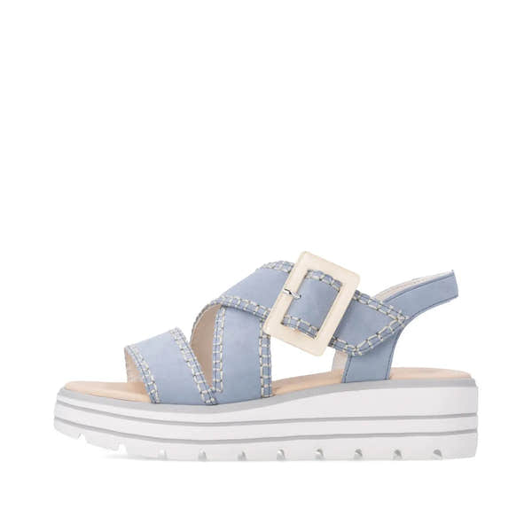 Remonte D3N51-10 women's aqua suede touch fastening sandals with chunky white platform sole.