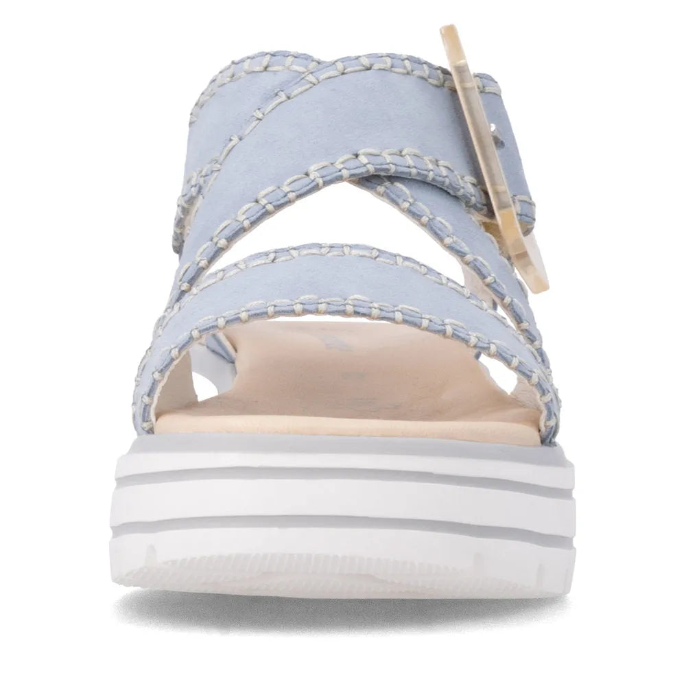 Remonte D3N51-10 women's aqua suede touch fastening sandals with layered straps and chunky white sole.