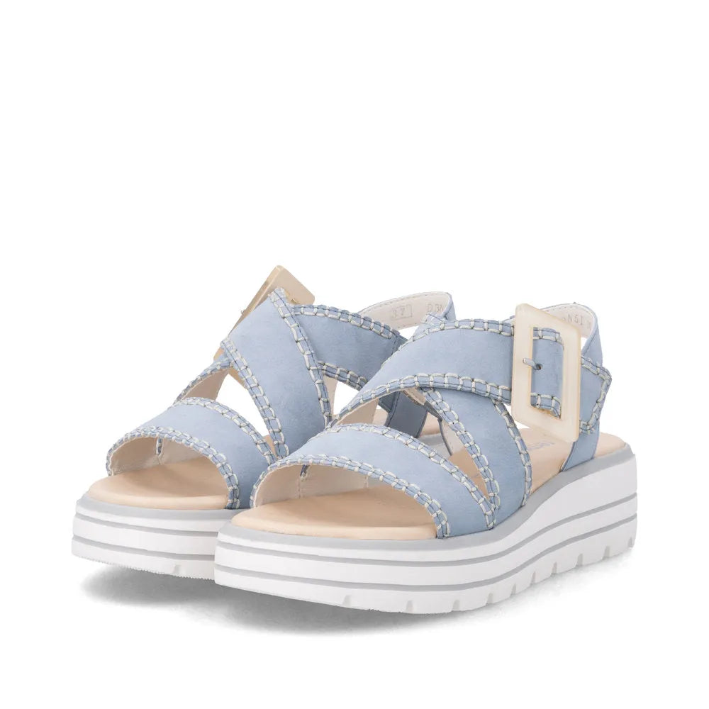 Remonte D3N51-10 women's aqua suede touch fastening sandals with chunky white sole and strappy design.