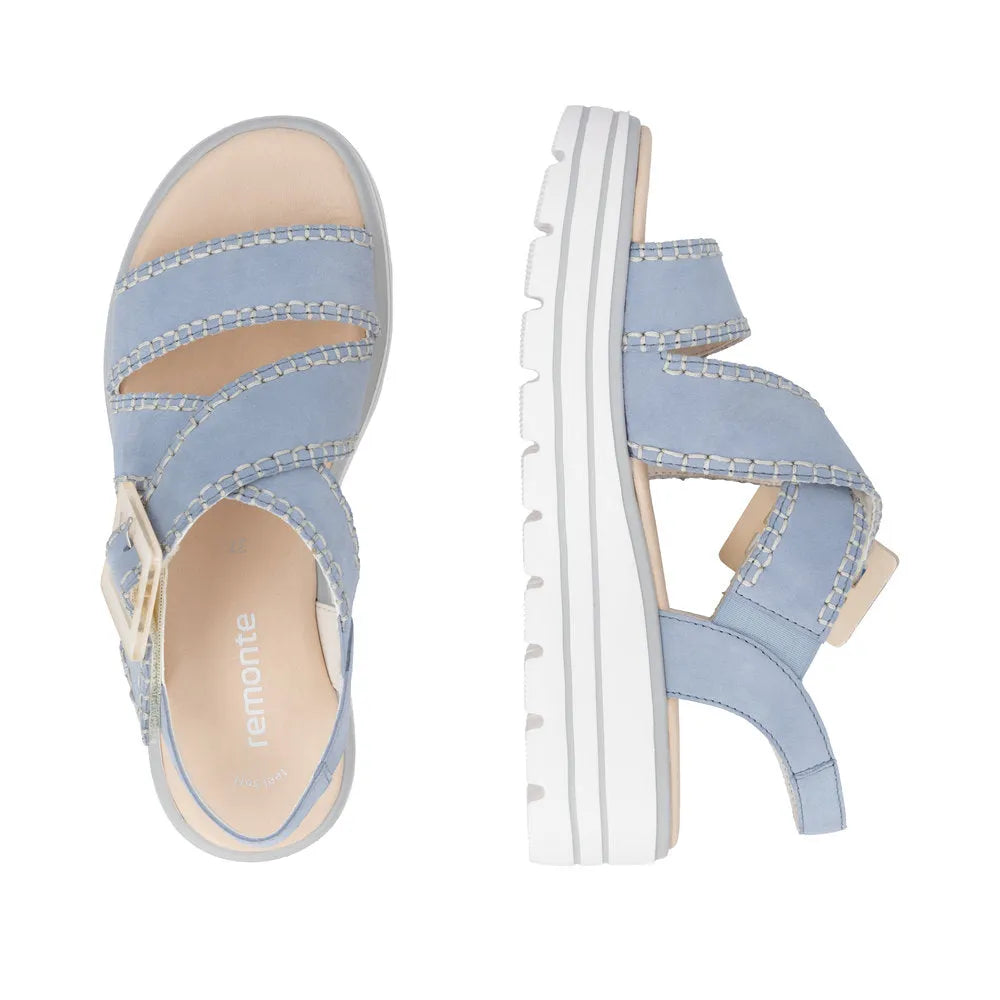 Remonte D3N51-10 women's aqua suede touch fastening sandals with chunky white soles and cut-out strap design.