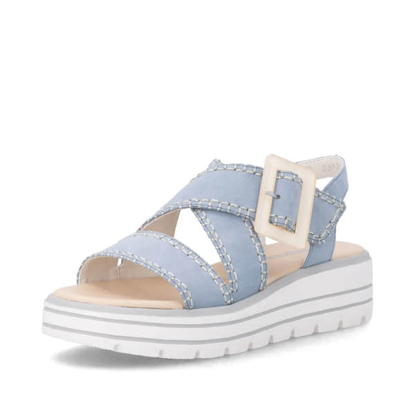 Remonte D3N51-10 women's aqua suede touch-fastening sandals with chunky white sole and oversized buckle.