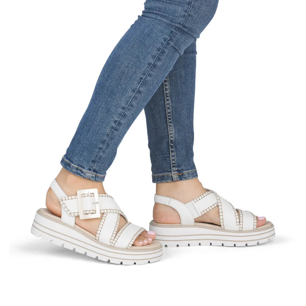 Remonte D3N51-80 women's off-white leather touch fastening sandals with chunky sole and buckle strap detail.
