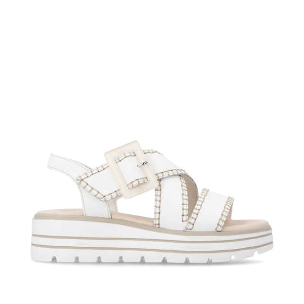 Remonte D3N51-80 women's off-white leather touch-fastening sandals with chunky sole and detailed stitching.