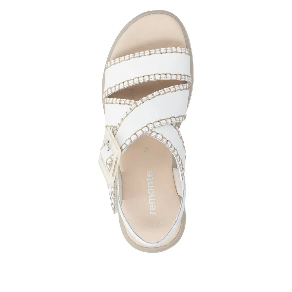Remonte D3N51-80 women's off-white leather sandals with touch fastening straps and braided trim details.