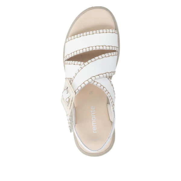 Remonte D3N51-80 women's off-white leather sandals with touch fastening straps and braided trim details.