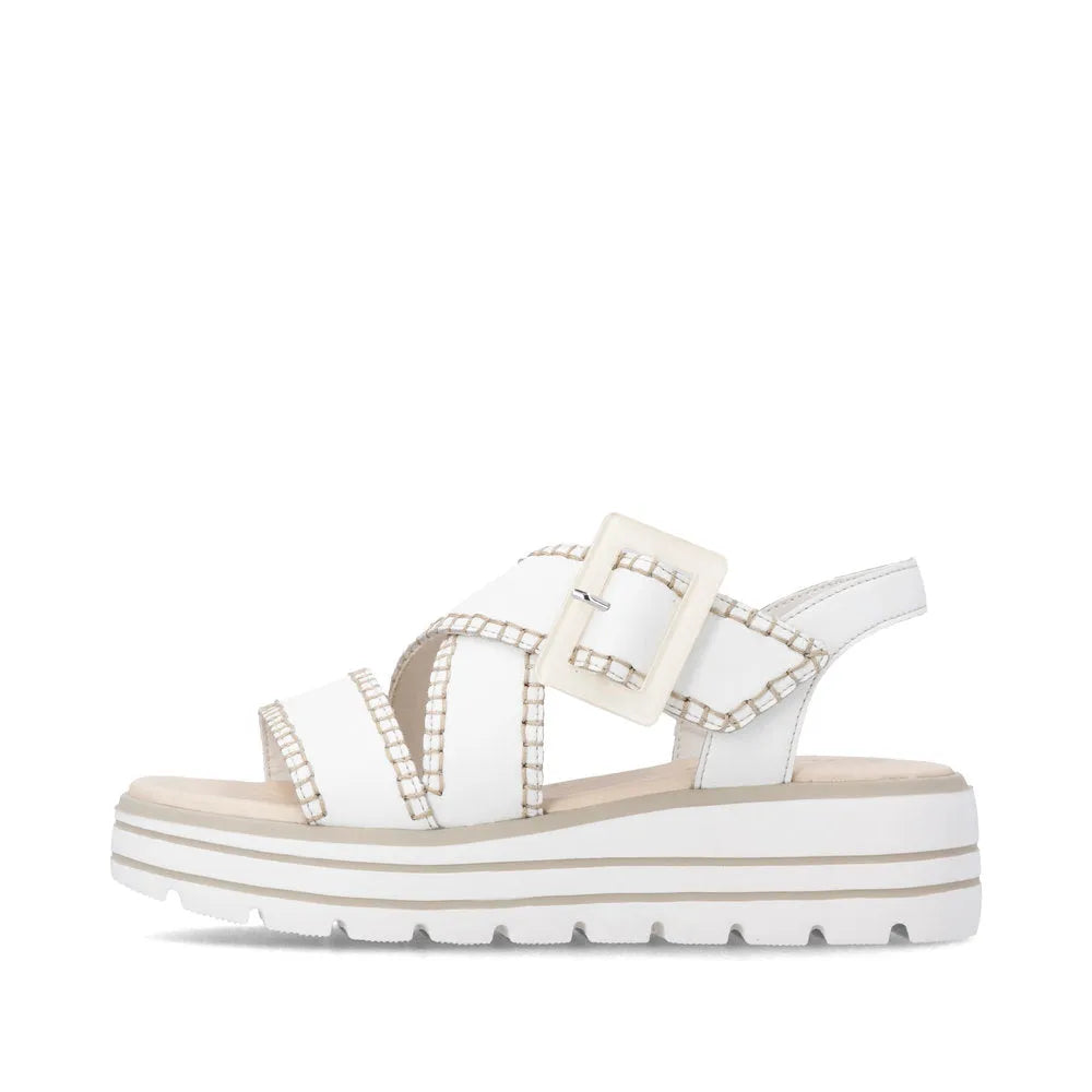 Remonte D3N51-80 ladies off-white leather touch fastening sandals with buckle strap, platform sole, and chunky tread.
