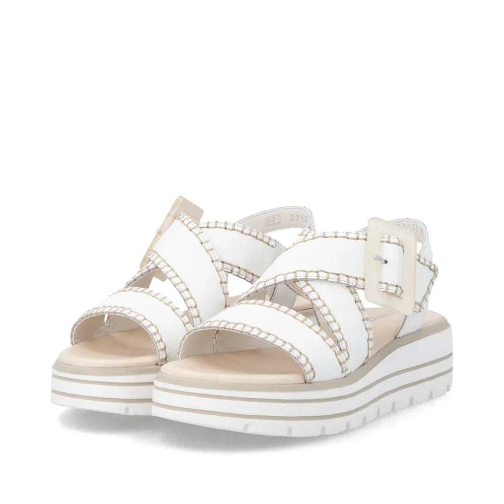 Remonte D3N51-80 women’s off-white leather sandals with touch fastening straps and layered platform sole.