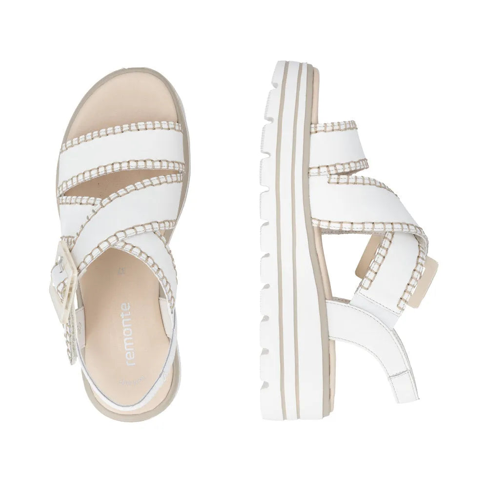 Remonte D3N51-80 women's off-white leather sandals with touch fastening straps and chunky platform sole.