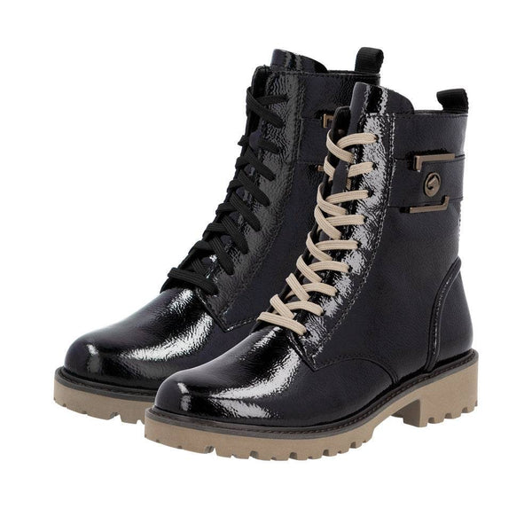 Remonte D8663-00 Ladies Black Patent Leather Zip & Lace Ankle Boots-elevate your sole