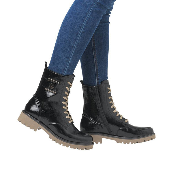 Remonte D8663-00 Ladies Black Patent Leather Zip & Lace Ankle Boots-elevate your sole