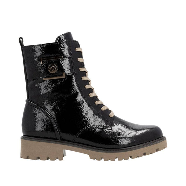 Remonte D8663-00 Ladies Black Patent Leather Zip & Lace Ankle Boots-elevate your sole