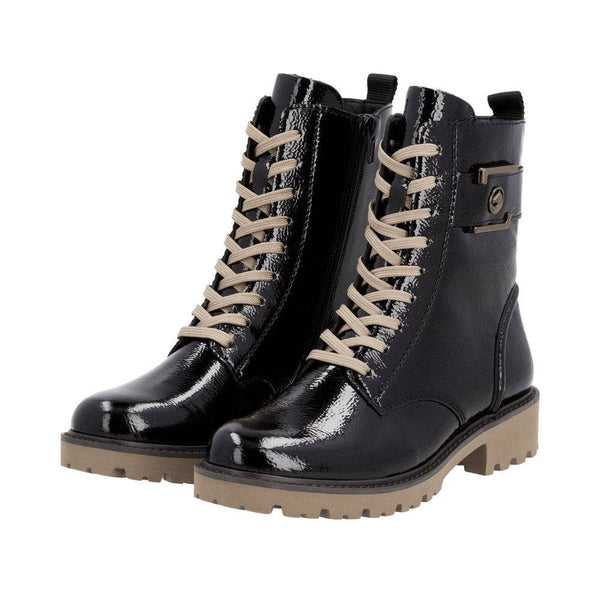 Remonte D8663-00 Ladies Black Patent Leather Zip & Lace Ankle Boots-elevate your sole