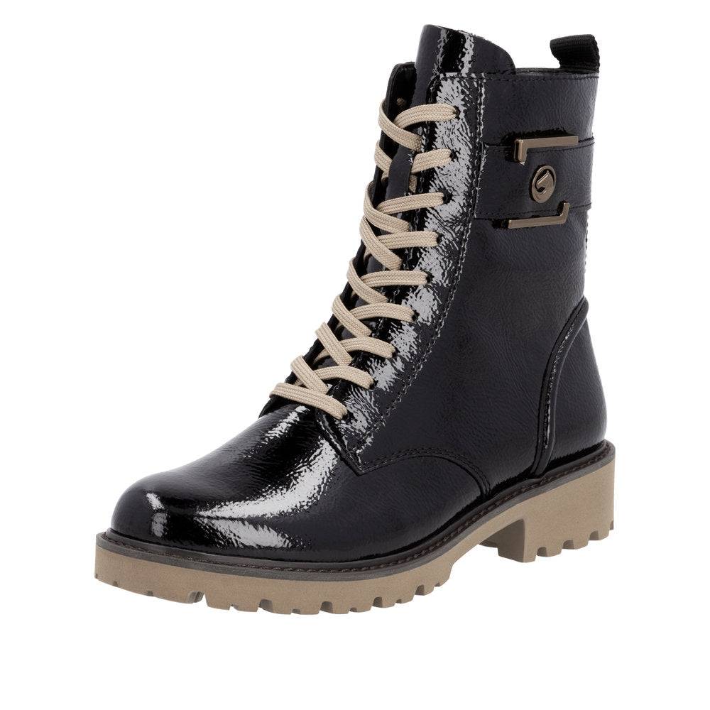 Remonte D8663-00 Ladies Black Patent Leather Zip & Lace Ankle Boots-elevate your sole