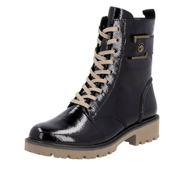 Remonte D8663-00 Ladies Black Patent Leather Zip & Lace Ankle Boots-elevate your sole