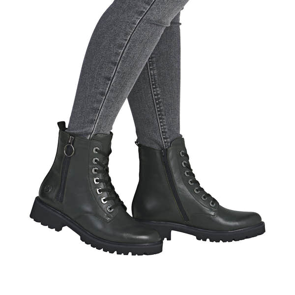 Remonte D8671-56 women's wide fit green leather ankle boots with side zippers, laces, and rugged rubber sole.