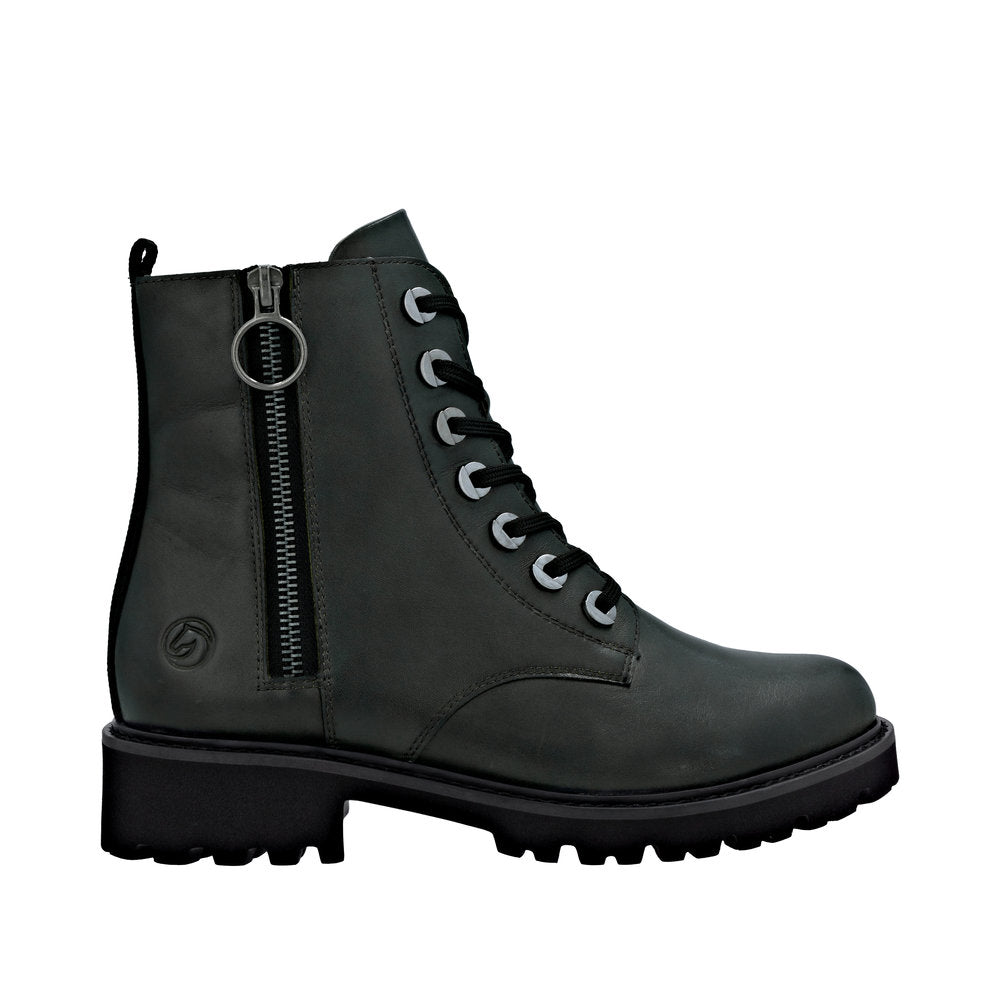 Remonte D8671-56 women's green leather ankle boots with zip and lace-up design, chunky heel, rugged sole, and side zipper detail.