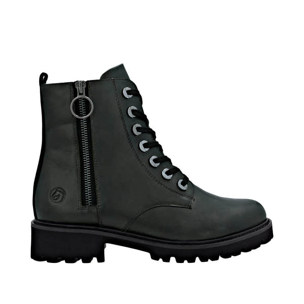Remonte D8671-56 women's green leather ankle boots with zip and lace-up design, chunky heel, rugged sole, and side zipper detail.