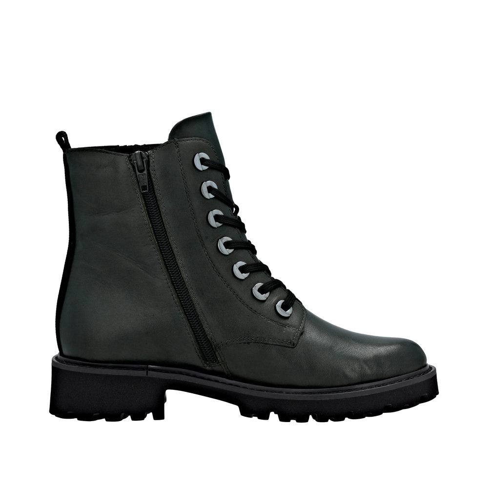 Remonte D8671-56 women's wide green leather ankle boots with zip and lace-up closure, chunky heel, and rugged tread sole.