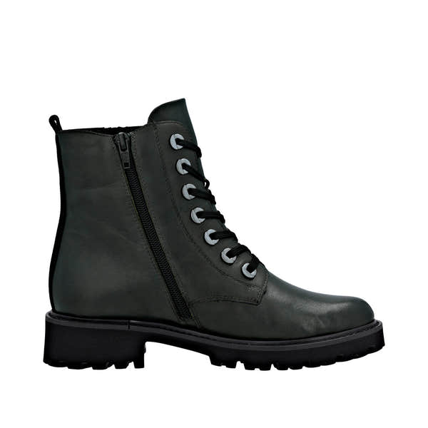 Remonte D8671-56 women's wide green leather ankle boots with zip and lace-up closure, chunky heel, and rugged tread sole.