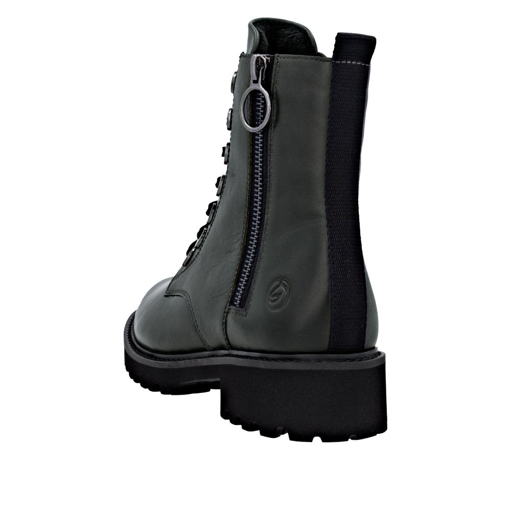 Remonte D8671-56 women's wide fit green leather ankle boots with zip and lace-up closure, chunky sole, and rear pull tab.