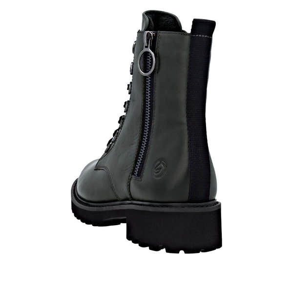 Remonte D8671-56 women's wide fit green leather ankle boots with zip and lace-up closure, chunky sole, and rear pull tab.