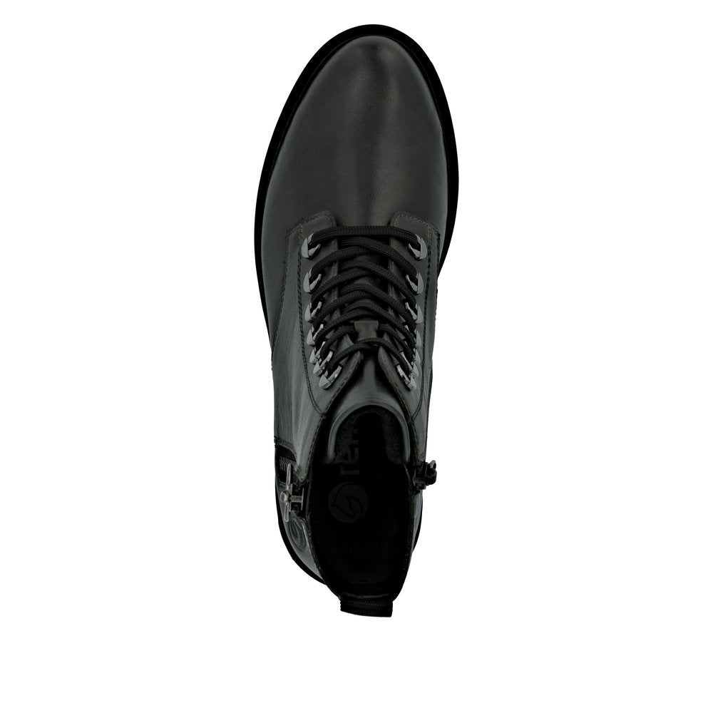 Remonte D8671-56 women's wide-fit green leather ankle boots with zip and lace-up closure, featuring a sleek, stylish design.